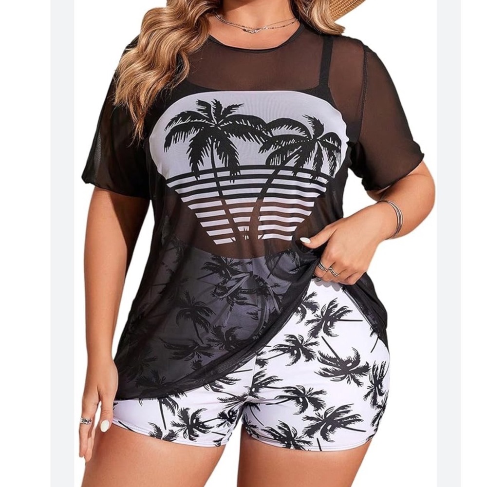 Womens 3 Piece Swimsuit Set Palm Tree Shorts Bikini Top Mesh Cover Up